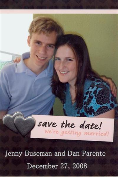 Our Save the Date cards.  The picture is taken from Jenny's graduation celebration lunch!  (Picture: May 2008; Cards sent: Fall 2008)